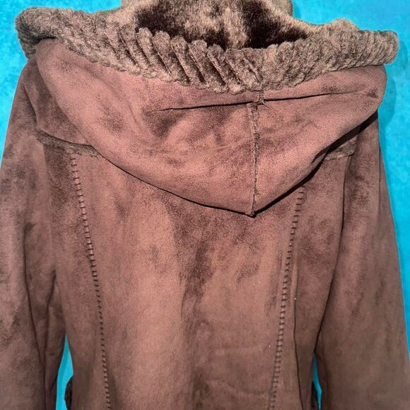 Vintage Brown Faux Shearling Hooded Coat - Picture 4 of 6